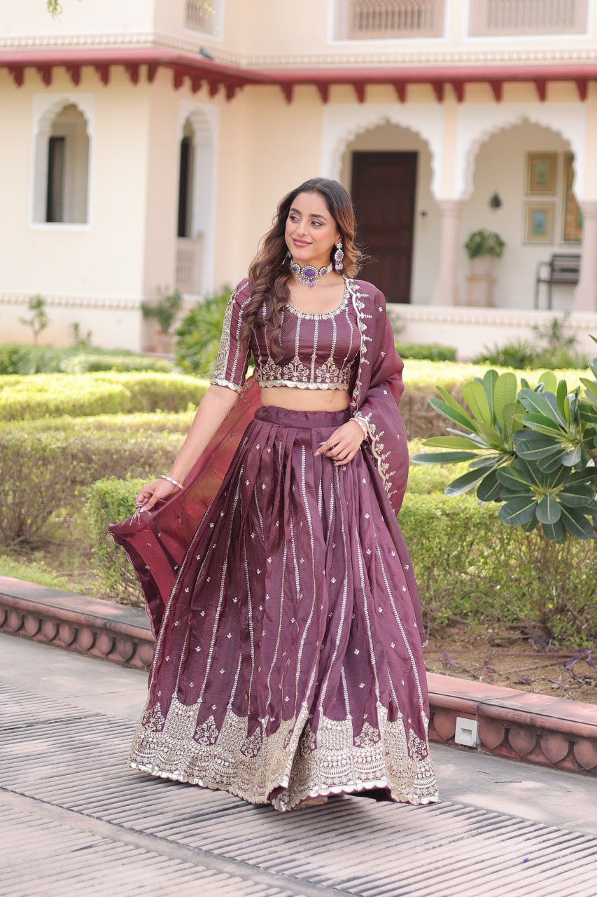 Wine Designer Gold Crush Sequins & Zari Embroidered Lehenga Choli Set with 3-Meter Flair & Lace Border Dupatta – Semi-Stitched Festive & Wedding Wear