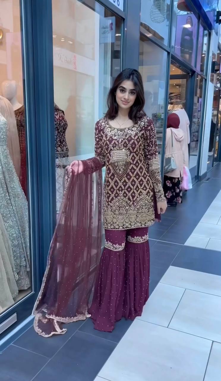 Wine Designer Party Wear Top, Palazzo & Dupatta Set – Elegant Embroidered Look