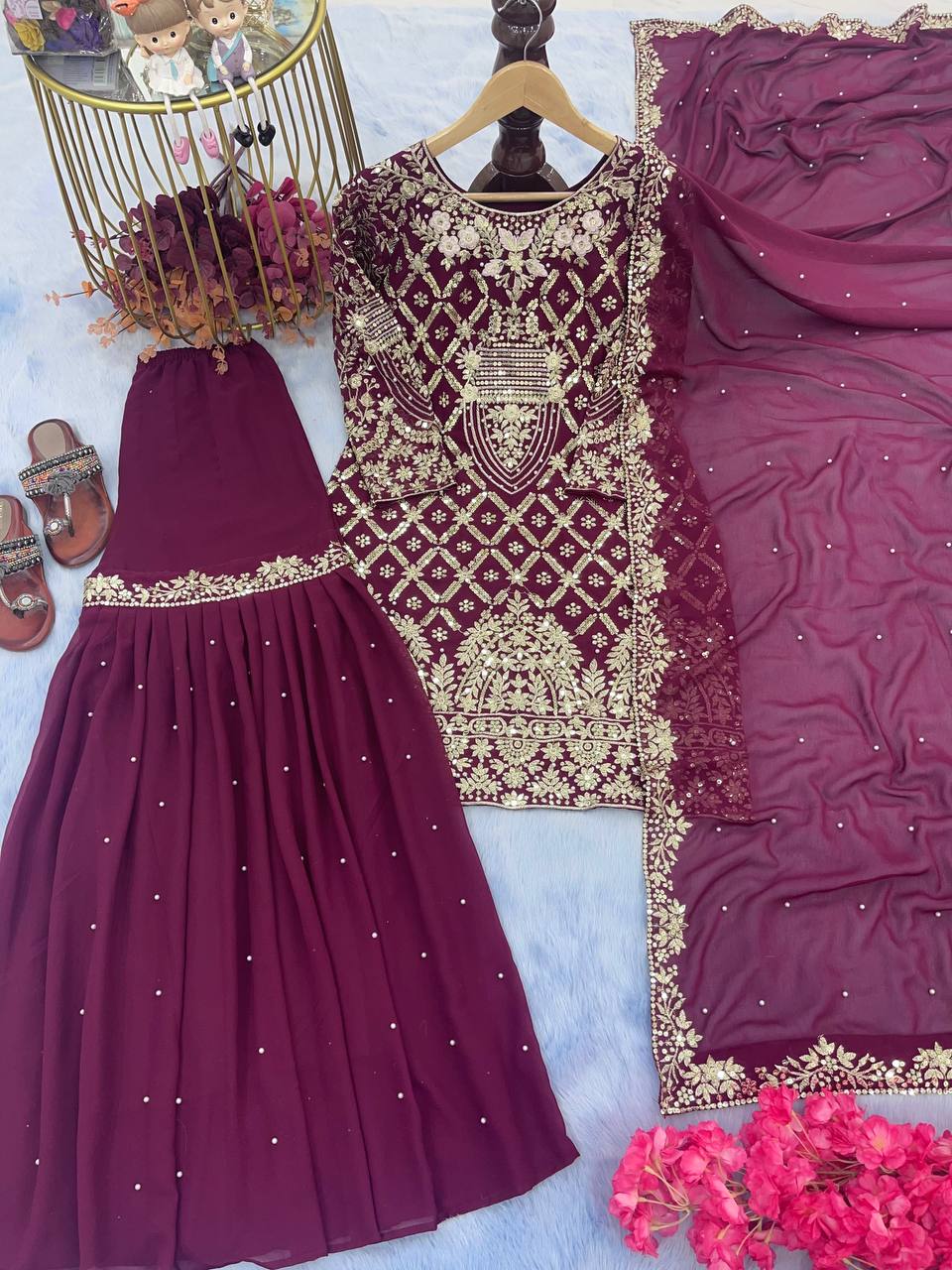 Wine Designer Party Wear Top, Palazzo & Dupatta Set – Elegant Embroidered Look