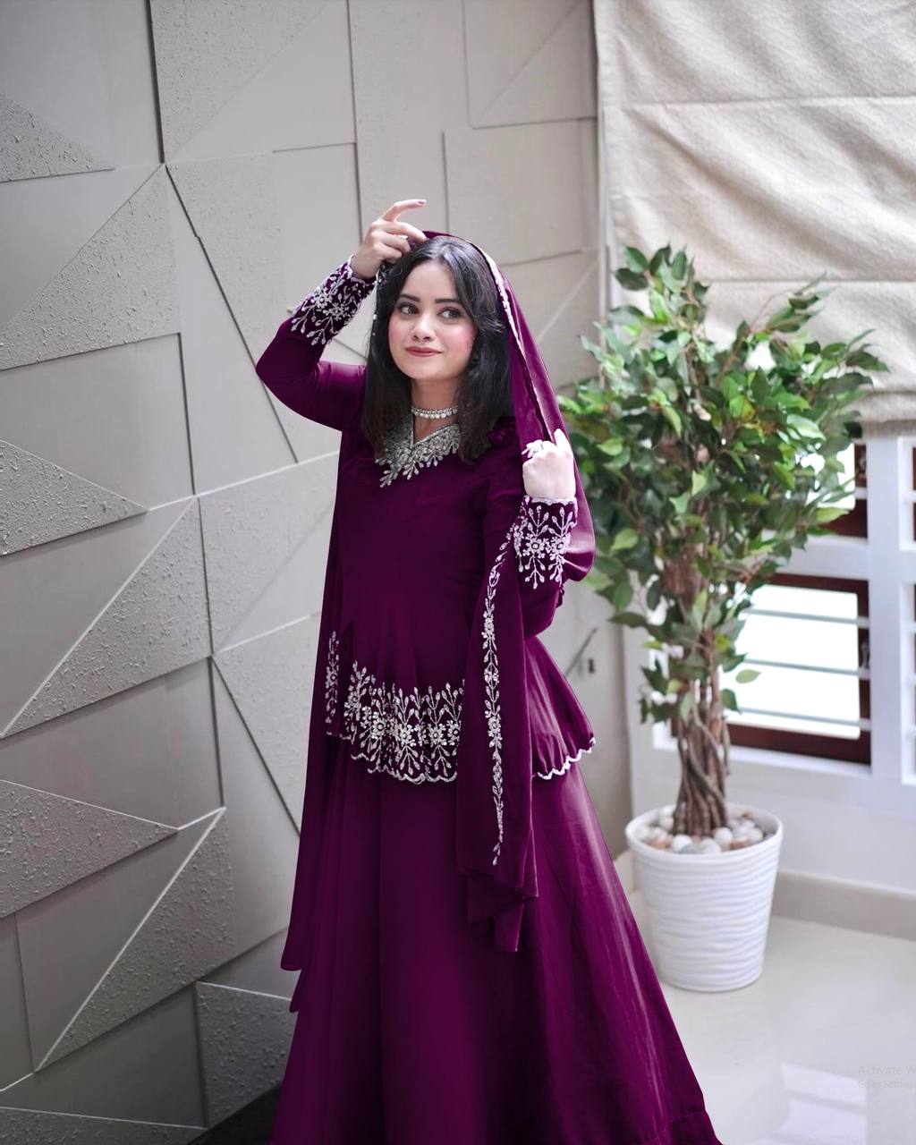 Wine Designer Party Wear Top with Lehenga & Dupatta Set - Sequin Embroidery and Tassel Accents