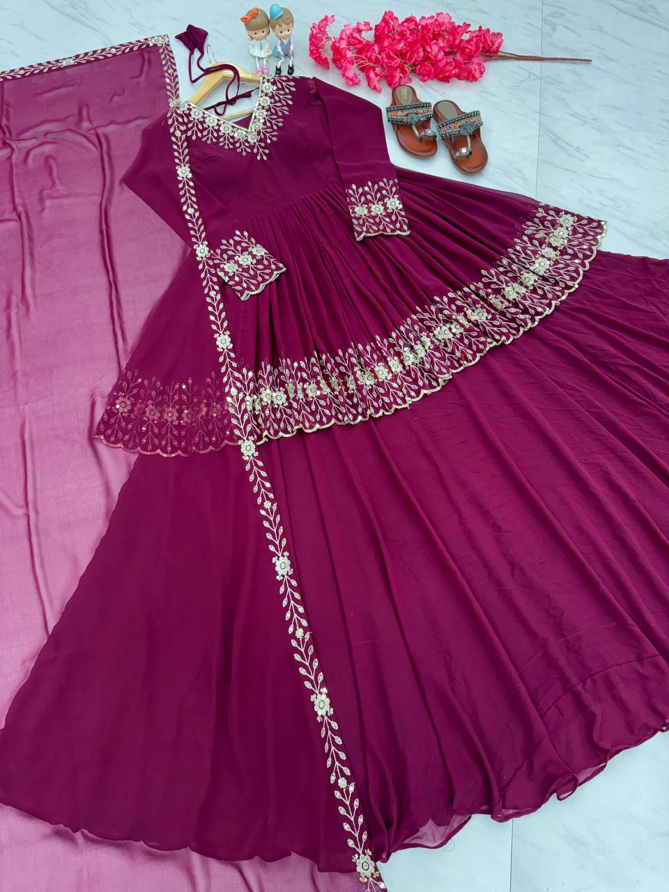 Wine Designer Party Wear Top with Lehenga & Dupatta Set - Sequin Embroidery and Tassel Accents