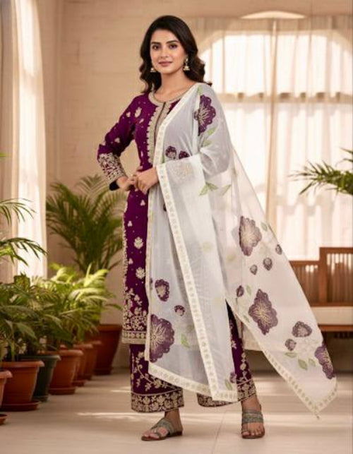 Wine Designer Pure Fendi Silk Heavy Embroidered Kurta Palazzo Set with 5 mm Sequins, Rivet Moti Work & Digital Printed Tabby Silk Dupatta