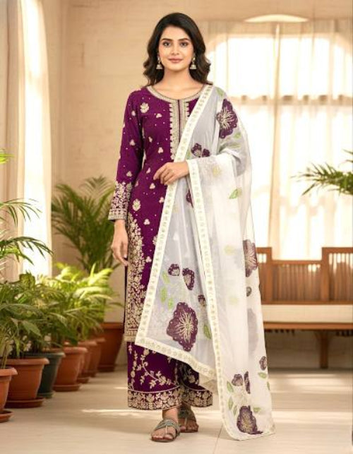 Wine Designer Pure Fendi Silk Heavy Embroidered Kurta Palazzo Set with 5 mm Sequins, Rivet Moti Work & Digital Printed Tabby Silk Dupatta
