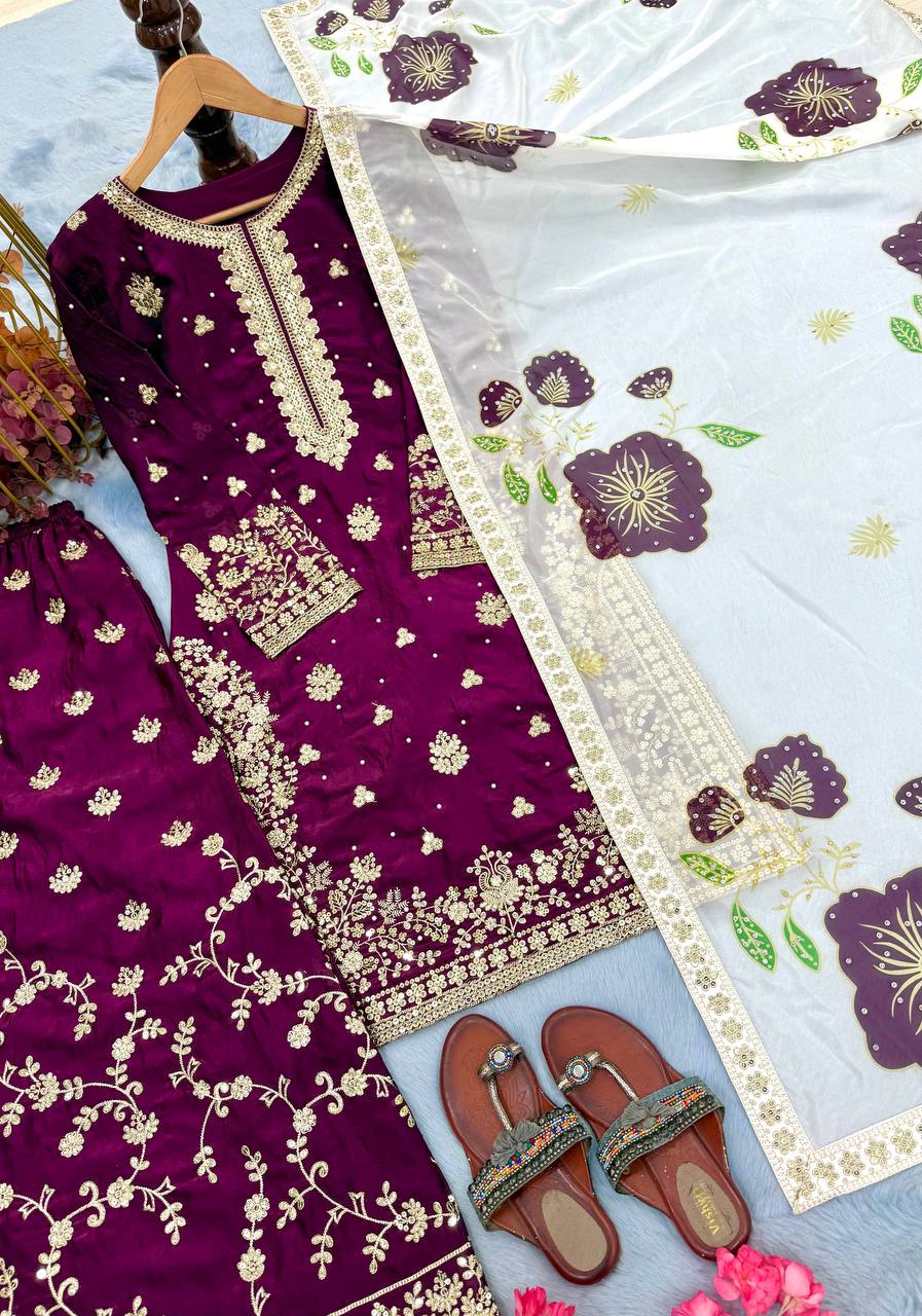 Wine Designer Pure Fendi Silk Heavy Embroidered Kurta Palazzo Set with 5 mm Sequins, Rivet Moti Work & Digital Printed Tabby Silk Dupatta