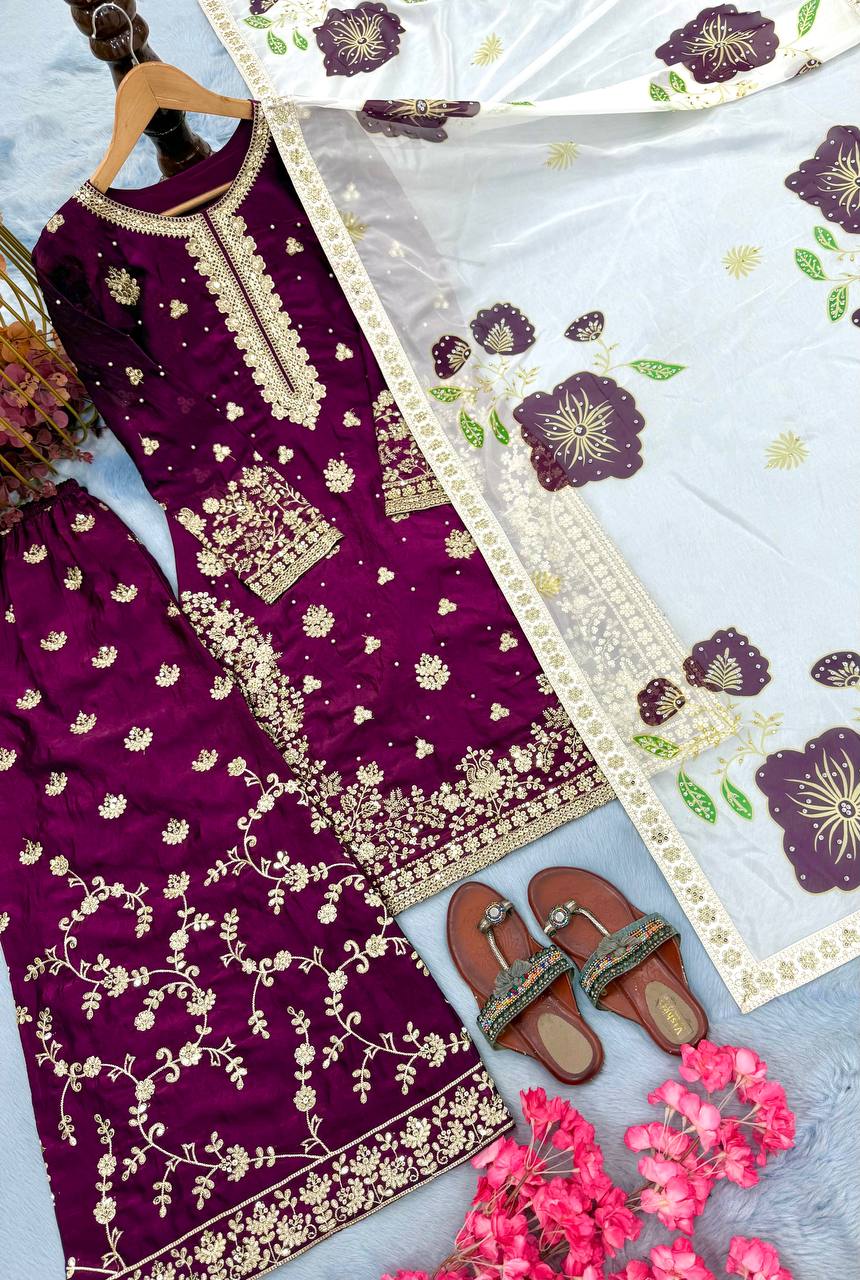 Wine Designer Pure Fendi Silk Heavy Embroidered Kurta Palazzo Set with 5 mm Sequins, Rivet Moti Work & Digital Printed Tabby Silk Dupatta
