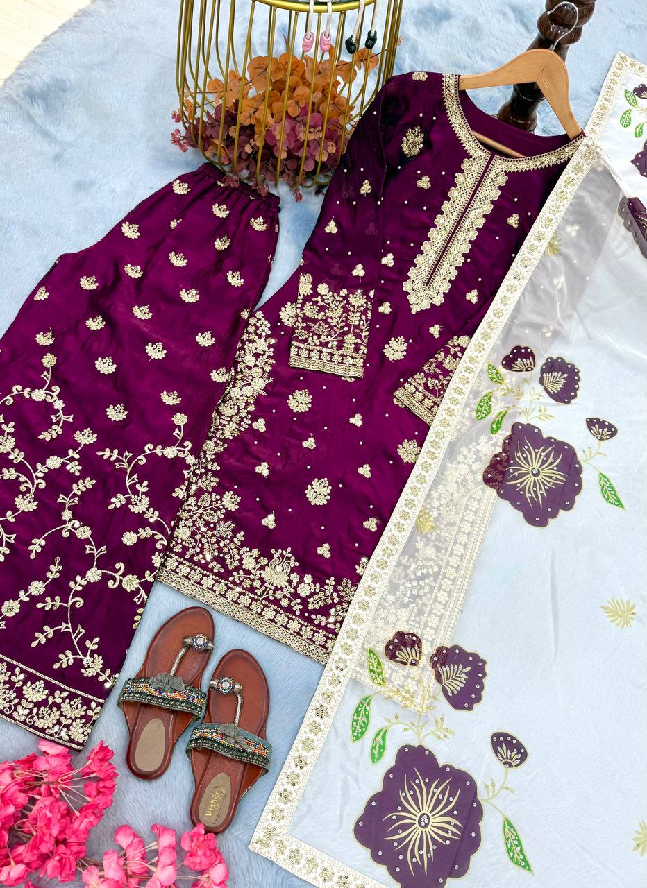 Wine Designer Pure Fendi Silk Heavy Embroidered Kurta Palazzo Set with 5 mm Sequins, Rivet Moti Work & Digital Printed Tabby Silk Dupatta