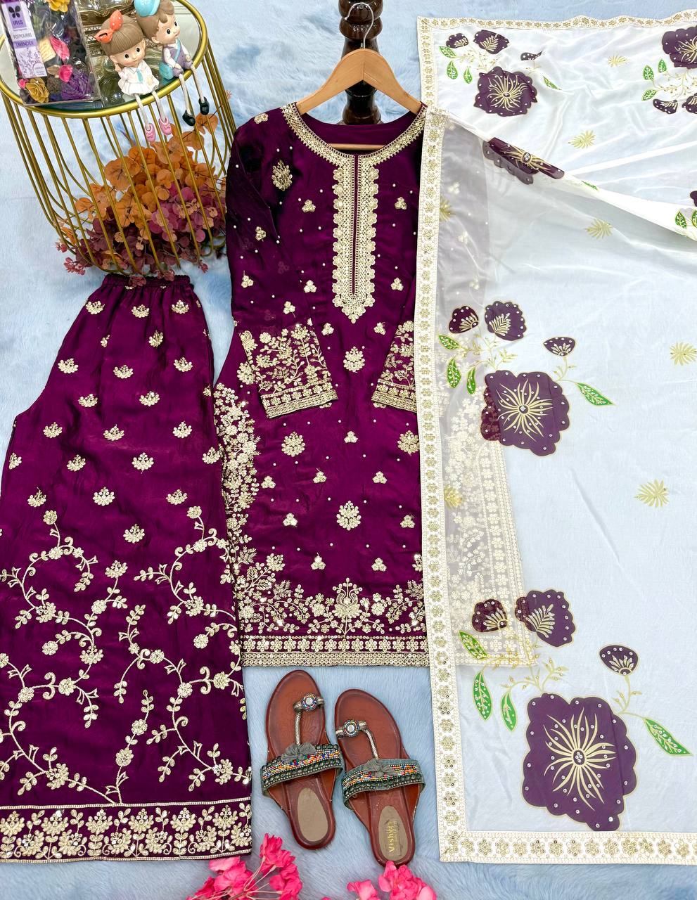 Wine Designer Pure Fendi Silk Heavy Embroidered Kurta Palazzo Set with 5 mm Sequins, Rivet Moti Work & Digital Printed Tabby Silk Dupatta