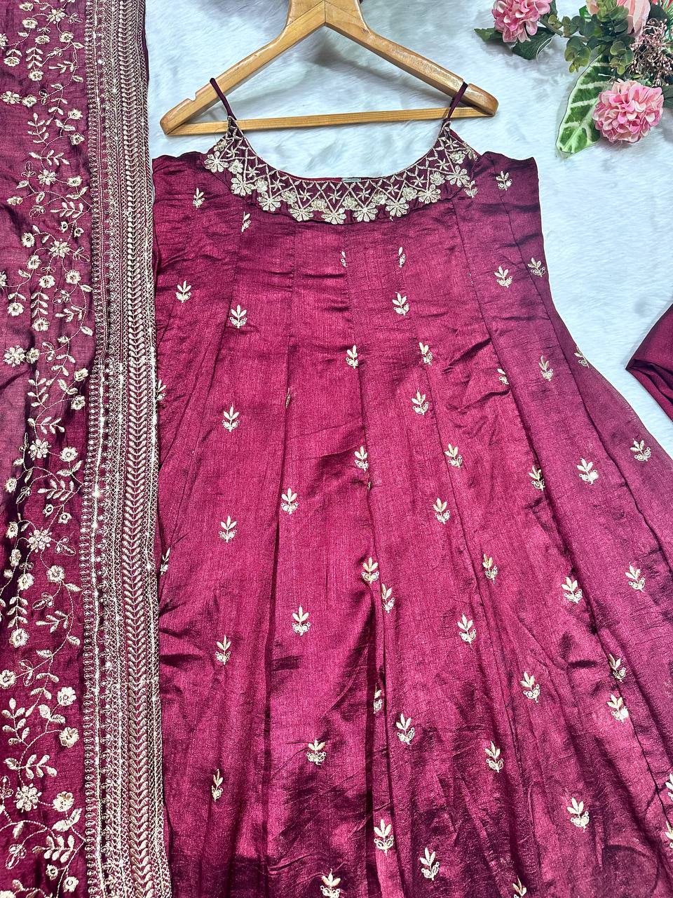 Deep Maroon Designer Vichitra Silk Gown Set with Zari-Coding & Sequin Embroidery