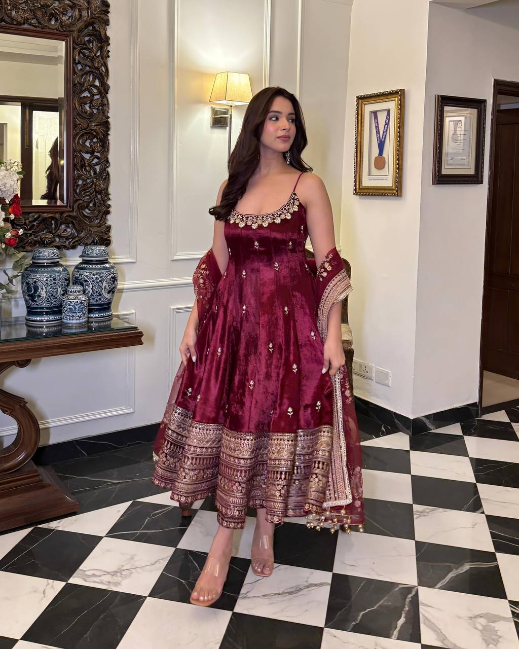 Deep Maroon Designer Vichitra Silk Gown Set with Zari-Coding & Sequin Embroidery