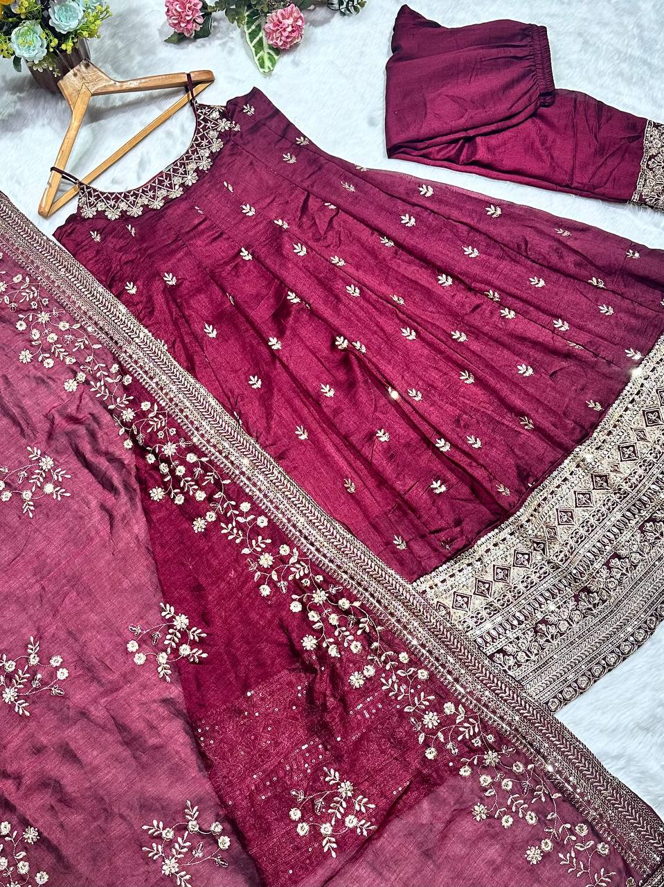 Deep Maroon Designer Vichitra Silk Gown Set with Zari-Coding & Sequin Embroidery