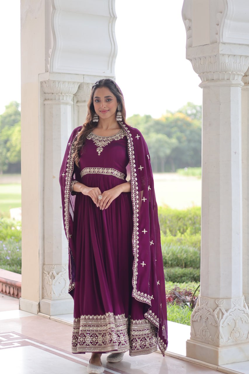 Wine Designer Vichitra Silk Sequins Embroidered Gown with 3-Meter Flair & Matching Dupatta – Fully Stitched Festive & Wedding Wear