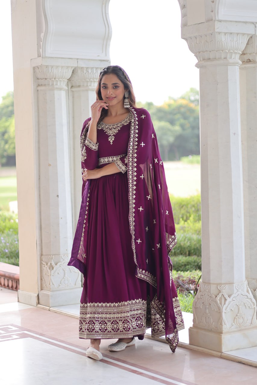 Wine Designer Vichitra Silk Sequins Embroidered Gown with 3-Meter Flair & Matching Dupatta – Fully Stitched Festive & Wedding Wear