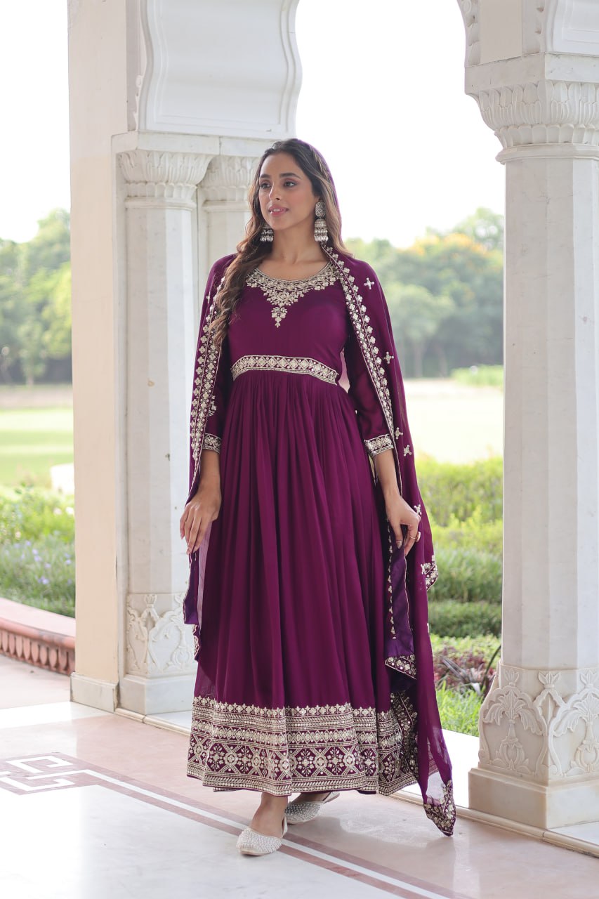 Wine Designer Vichitra Silk Sequins Embroidered Gown with 3-Meter Flair & Matching Dupatta – Fully Stitched Festive & Wedding Wear