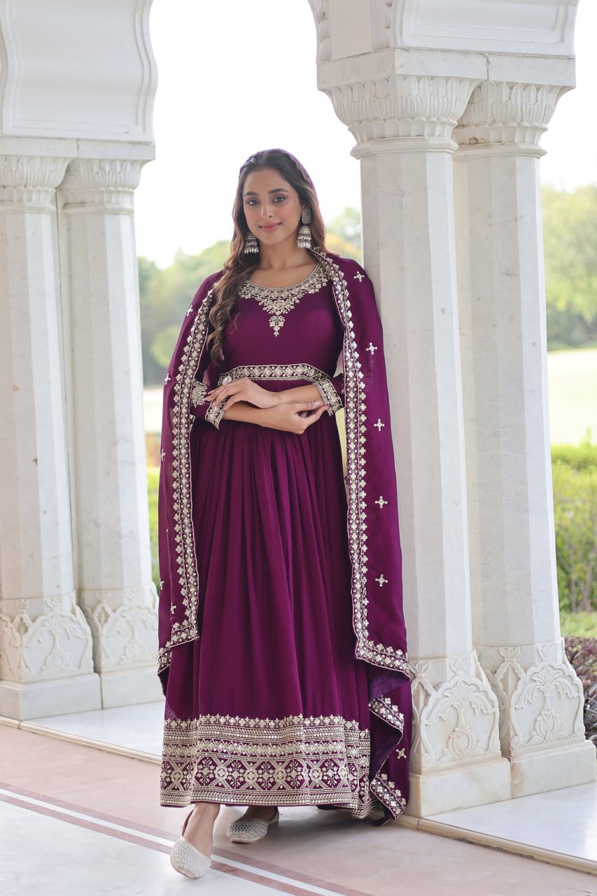Wine Designer Vichitra Silk Sequins Embroidered Gown with 3-Meter Flair & Matching Dupatta – Fully Stitched Festive & Wedding Wear