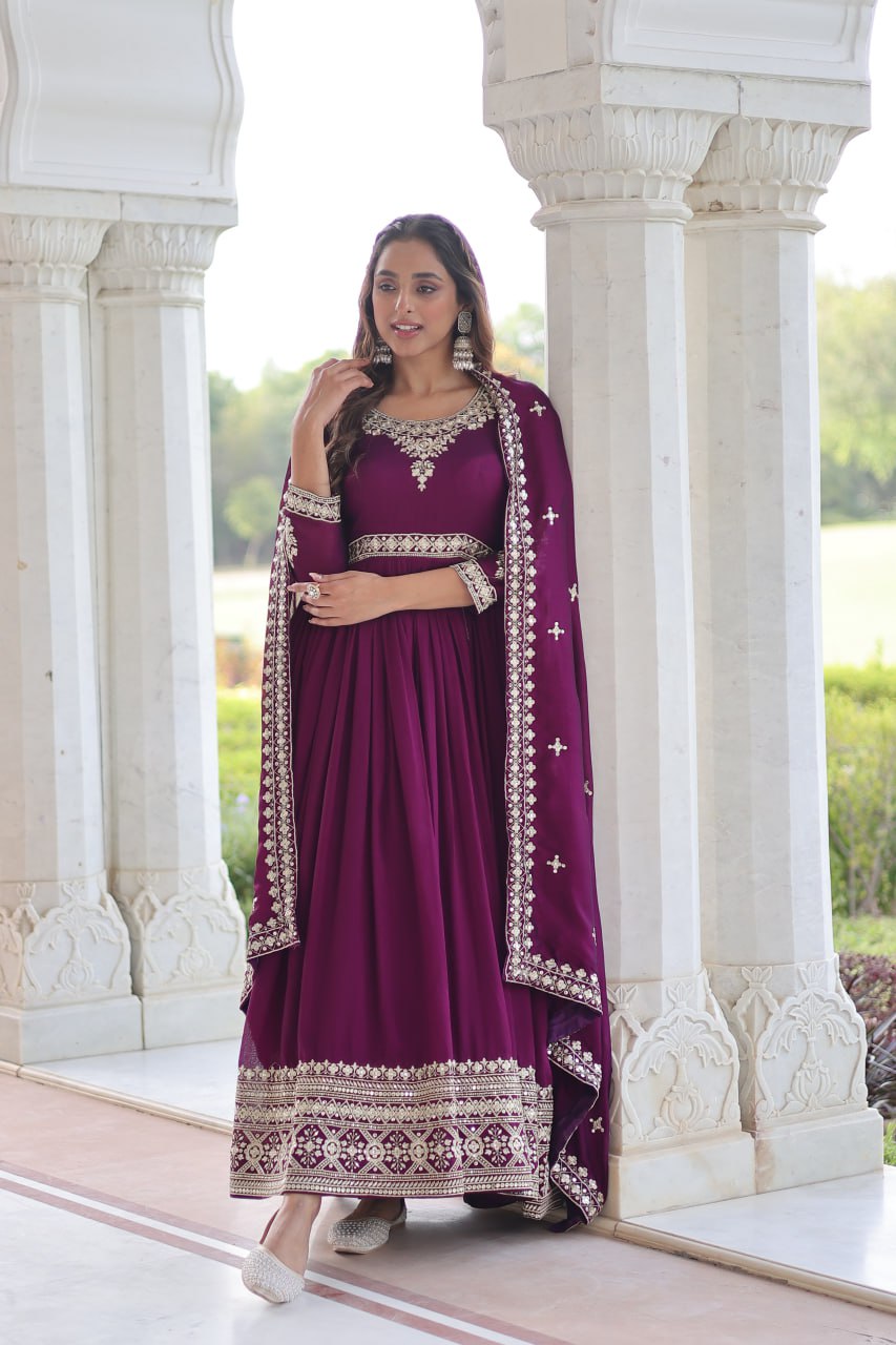 Wine Designer Vichitra Silk Sequins Embroidered Gown with 3-Meter Flair & Matching Dupatta – Fully Stitched Festive & Wedding Wear