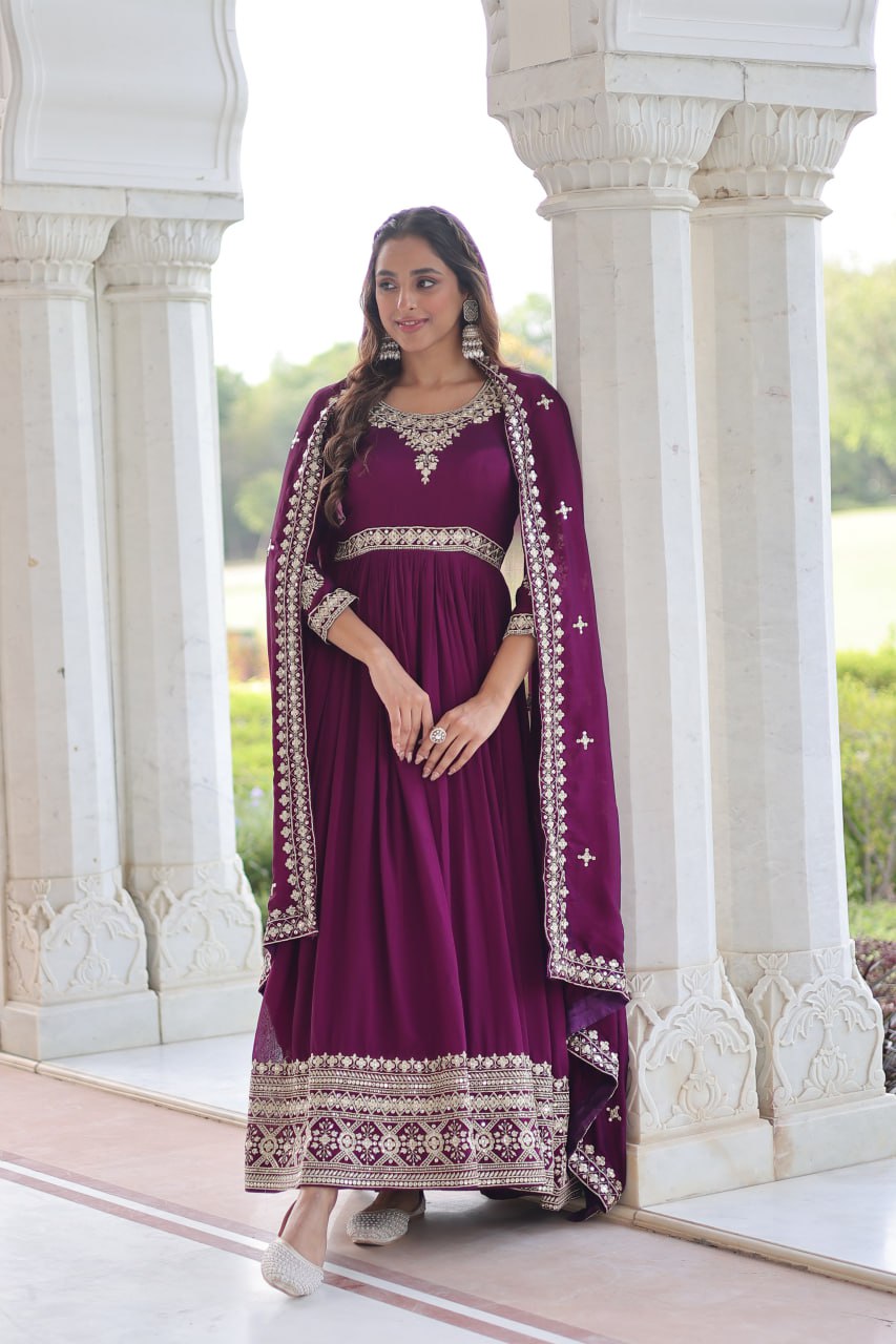 Wine Designer Vichitra Silk Sequins Embroidered Gown with 3-Meter Flair & Matching Dupatta – Fully Stitched Festive & Wedding Wear
