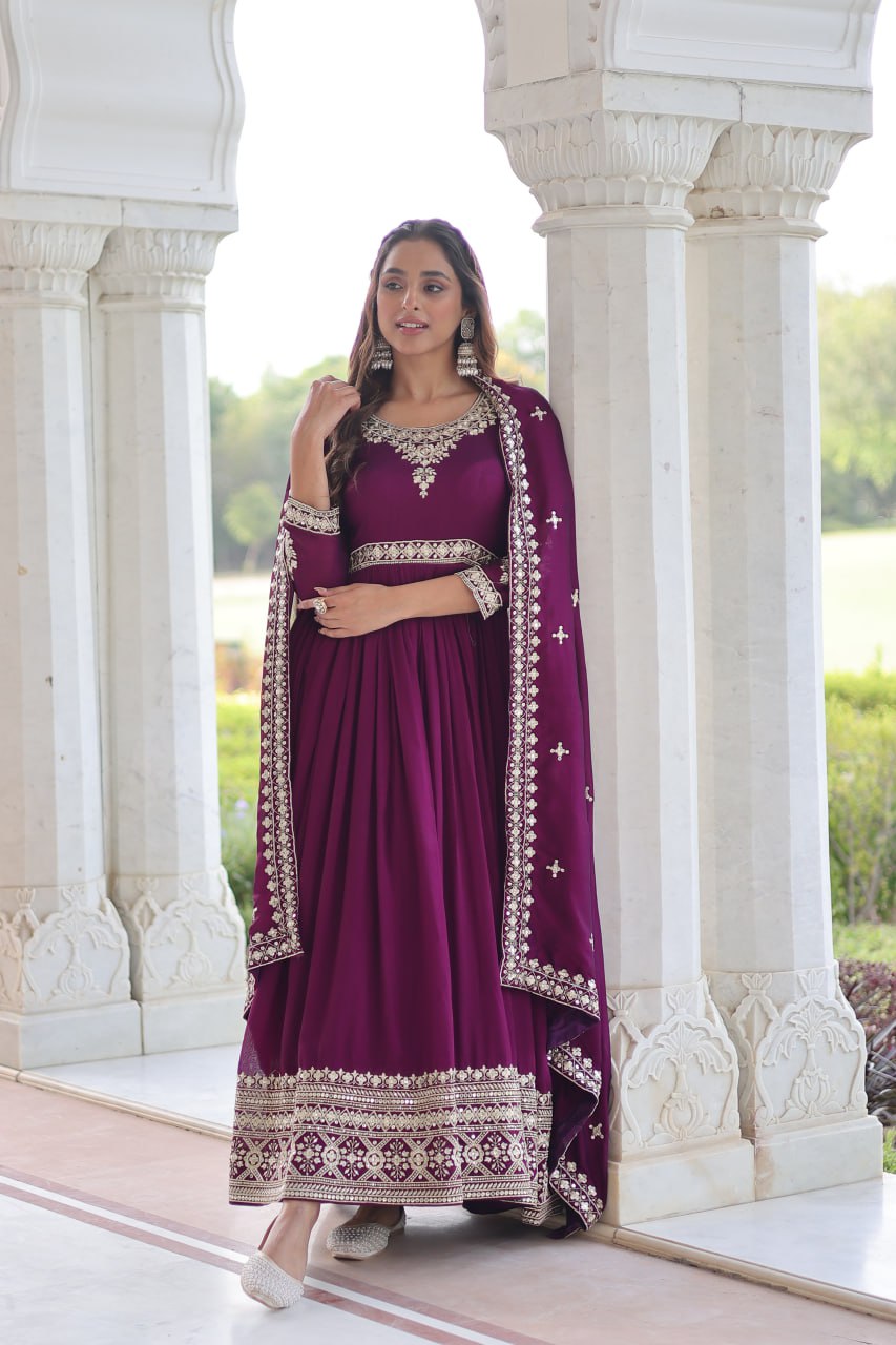 Wine Designer Vichitra Silk Sequins Embroidered Gown with 3-Meter Flair & Matching Dupatta – Fully Stitched Festive & Wedding Wear