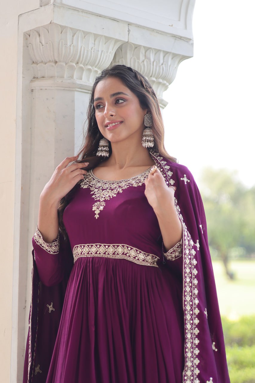 Wine Designer Vichitra Silk Sequins Embroidered Gown with 3-Meter Flair & Matching Dupatta – Fully Stitched Festive & Wedding Wear