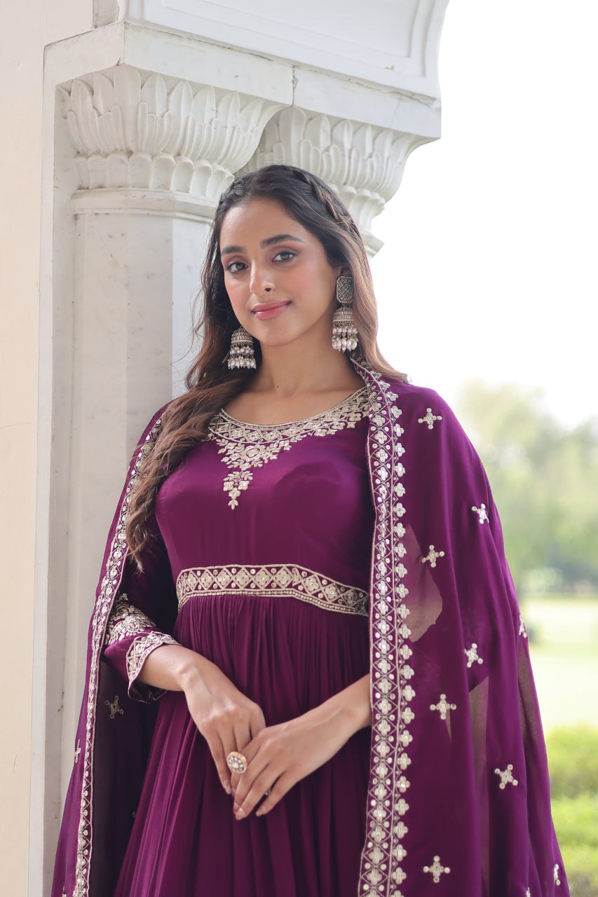 Wine Designer Vichitra Silk Sequins Embroidered Gown with 3-Meter Flair & Matching Dupatta – Fully Stitched Festive & Wedding Wear