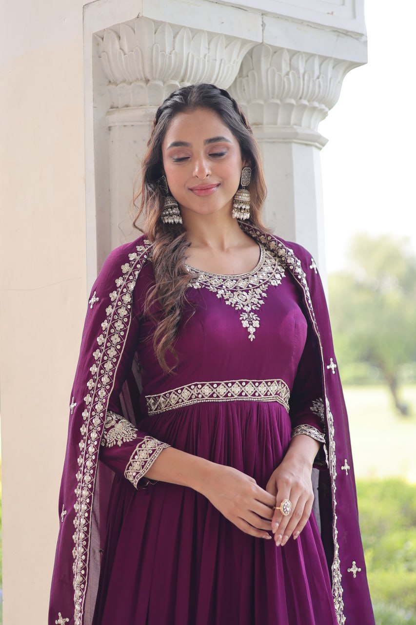 Wine Designer Vichitra Silk Sequins Embroidered Gown with 3-Meter Flair & Matching Dupatta – Fully Stitched Festive & Wedding Wear