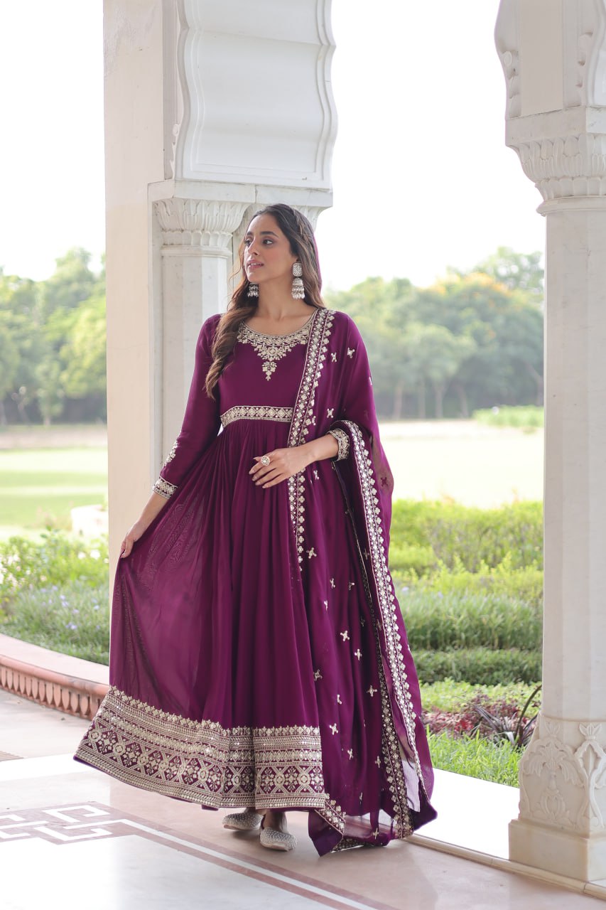 Wine Designer Vichitra Silk Sequins Embroidered Gown with 3-Meter Flair & Matching Dupatta – Fully Stitched Festive & Wedding Wear