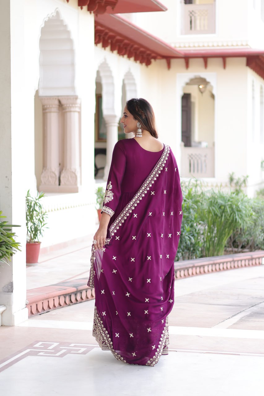 Wine Designer Vichitra Silk Sequins Embroidered Gown with 3-Meter Flair & Matching Dupatta – Fully Stitched Festive & Wedding Wear