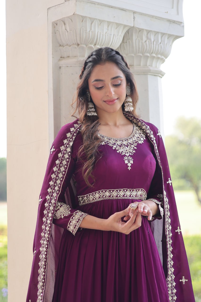 Wine Designer Vichitra Silk Sequins Embroidered Gown with 3-Meter Flair & Matching Dupatta – Fully Stitched Festive & Wedding Wear