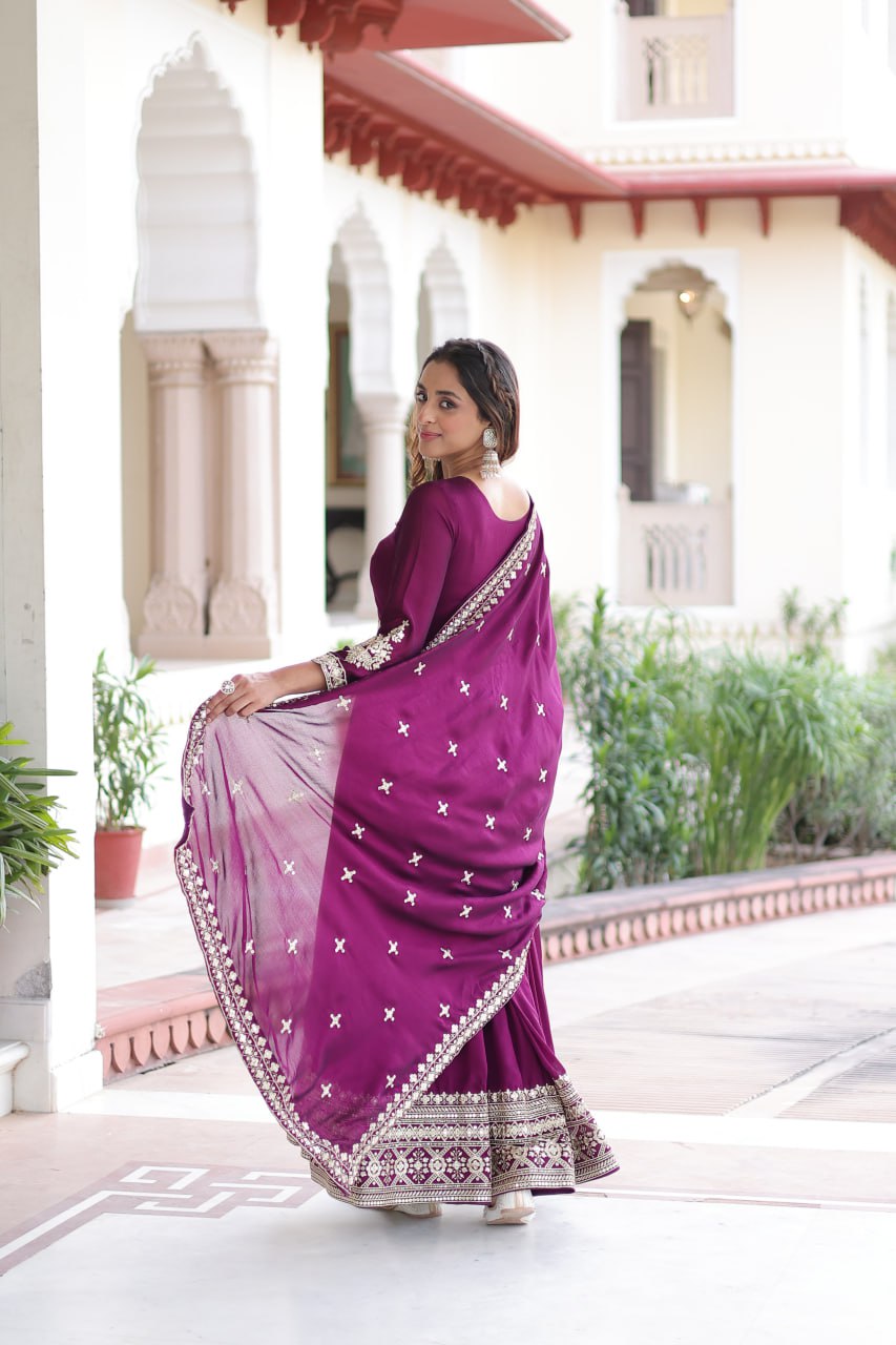Wine Designer Vichitra Silk Sequins Embroidered Gown with 3-Meter Flair & Matching Dupatta – Fully Stitched Festive & Wedding Wear