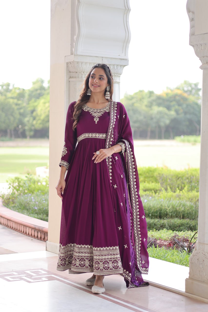 Wine Designer Vichitra Silk Sequins Embroidered Gown with 3-Meter Flair & Matching Dupatta – Fully Stitched Festive & Wedding Wear