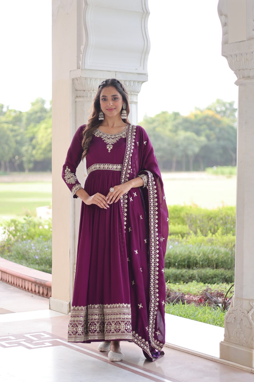Wine Designer Vichitra Silk Sequins Embroidered Gown with 3-Meter Flair & Matching Dupatta – Fully Stitched Festive & Wedding Wear