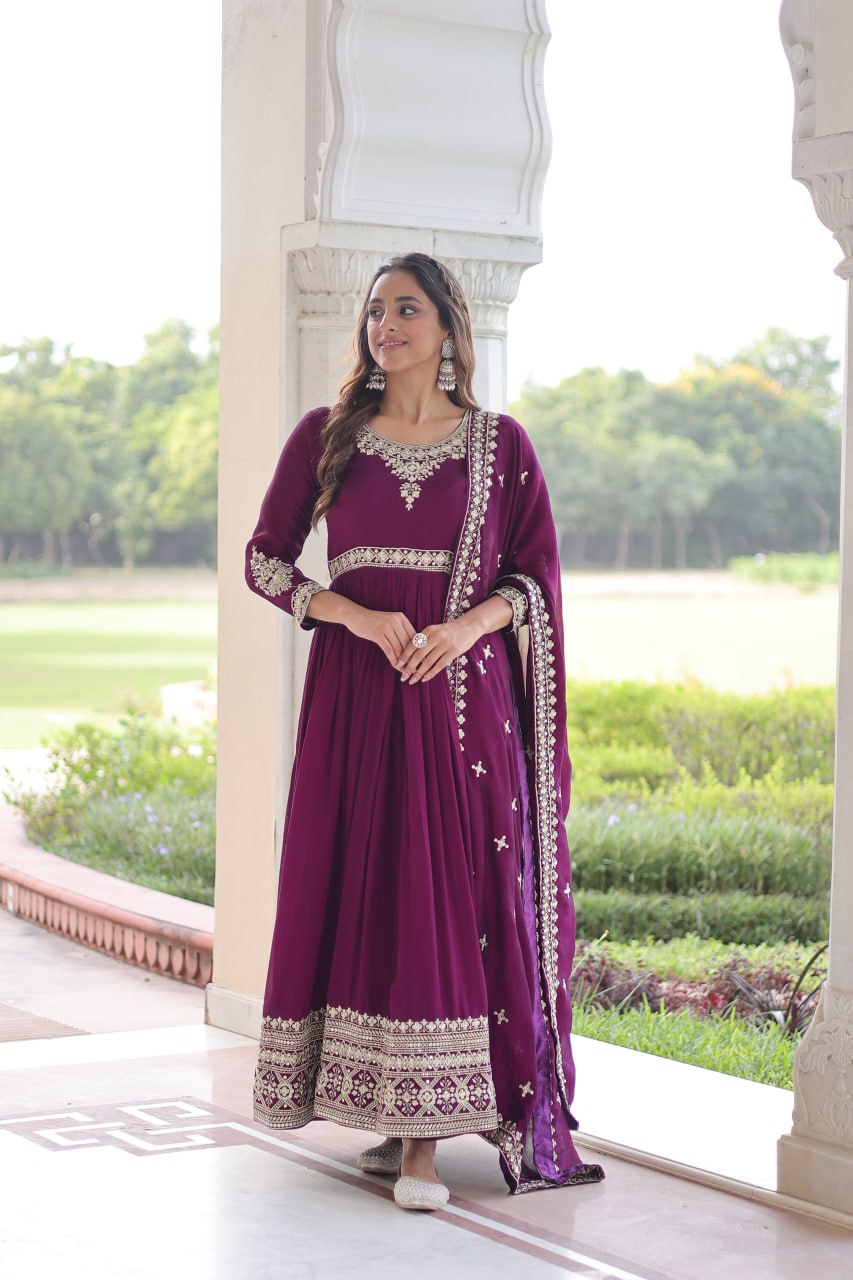 Wine Designer Vichitra Silk Sequins Embroidered Gown with 3-Meter Flair & Matching Dupatta – Fully Stitched Festive & Wedding Wear