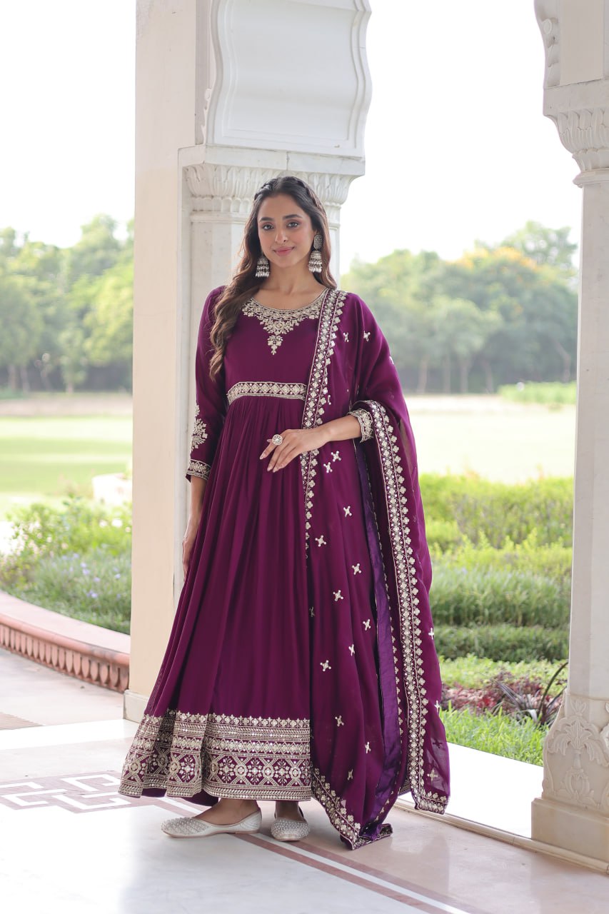 Wine Designer Vichitra Silk Sequins Embroidered Gown with 3-Meter Flair & Matching Dupatta – Fully Stitched Festive & Wedding Wear