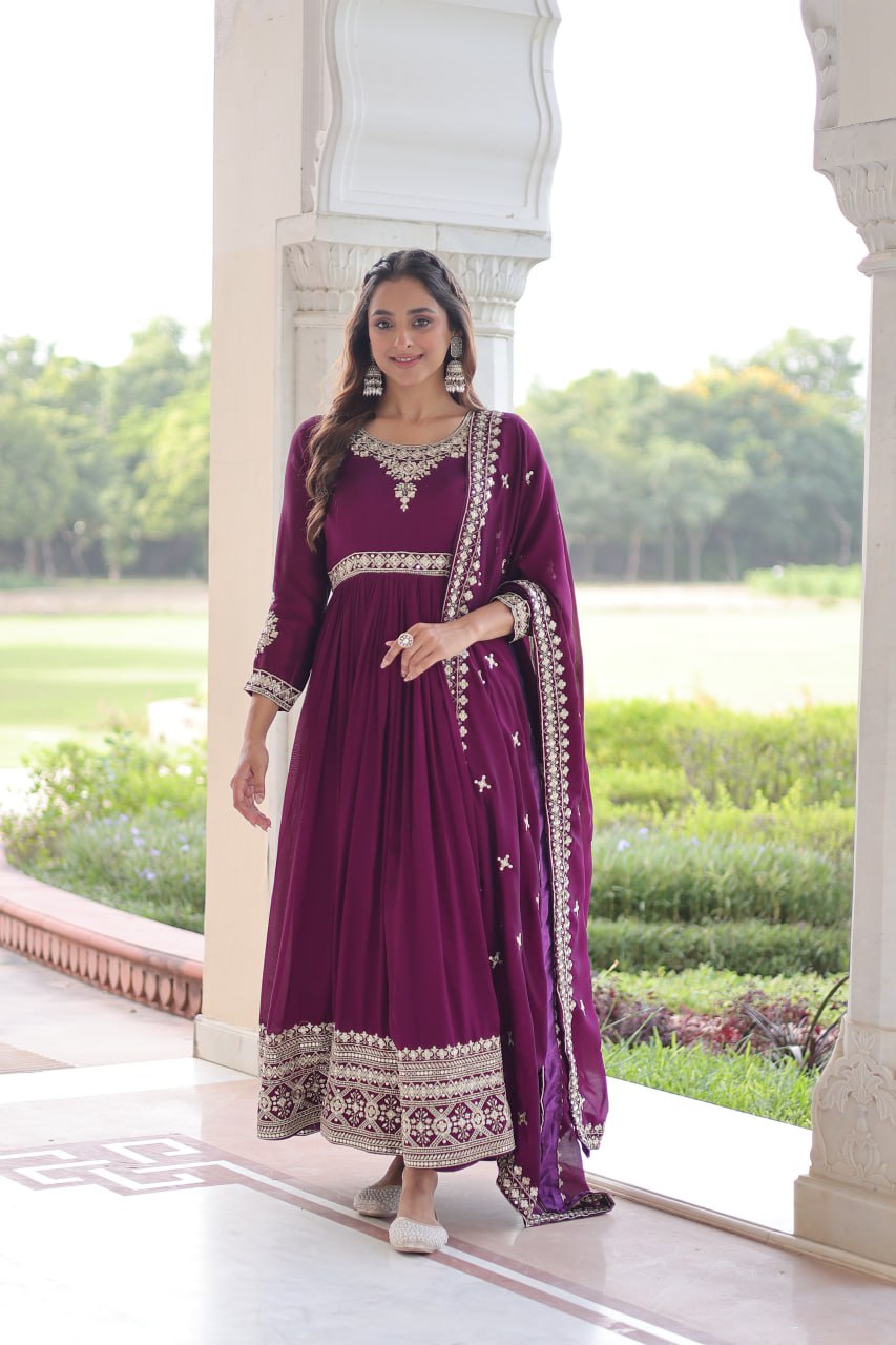 Wine Designer Vichitra Silk Sequins Embroidered Gown with 3-Meter Flair & Matching Dupatta – Fully Stitched Festive & Wedding Wear