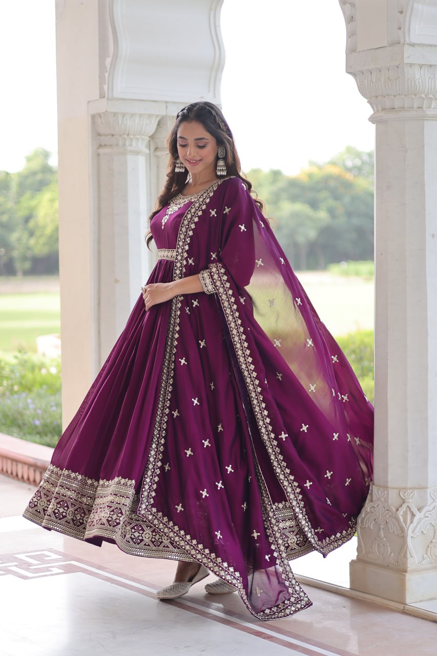 Wine Designer Vichitra Silk Sequins Embroidered Gown with 3-Meter Flair & Matching Dupatta – Fully Stitched Festive & Wedding Wear