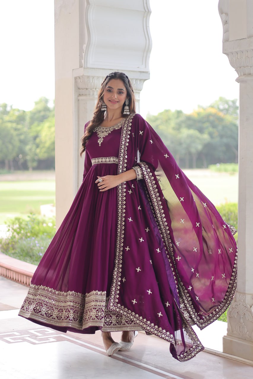 Wine Designer Vichitra Silk Sequins Embroidered Gown with 3-Meter Flair & Matching Dupatta – Fully Stitched Festive & Wedding Wear