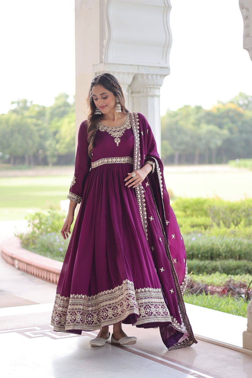 Wine Designer Vichitra Silk Sequins Embroidered Gown with 3-Meter Flair & Matching Dupatta – Fully Stitched Festive & Wedding Wear