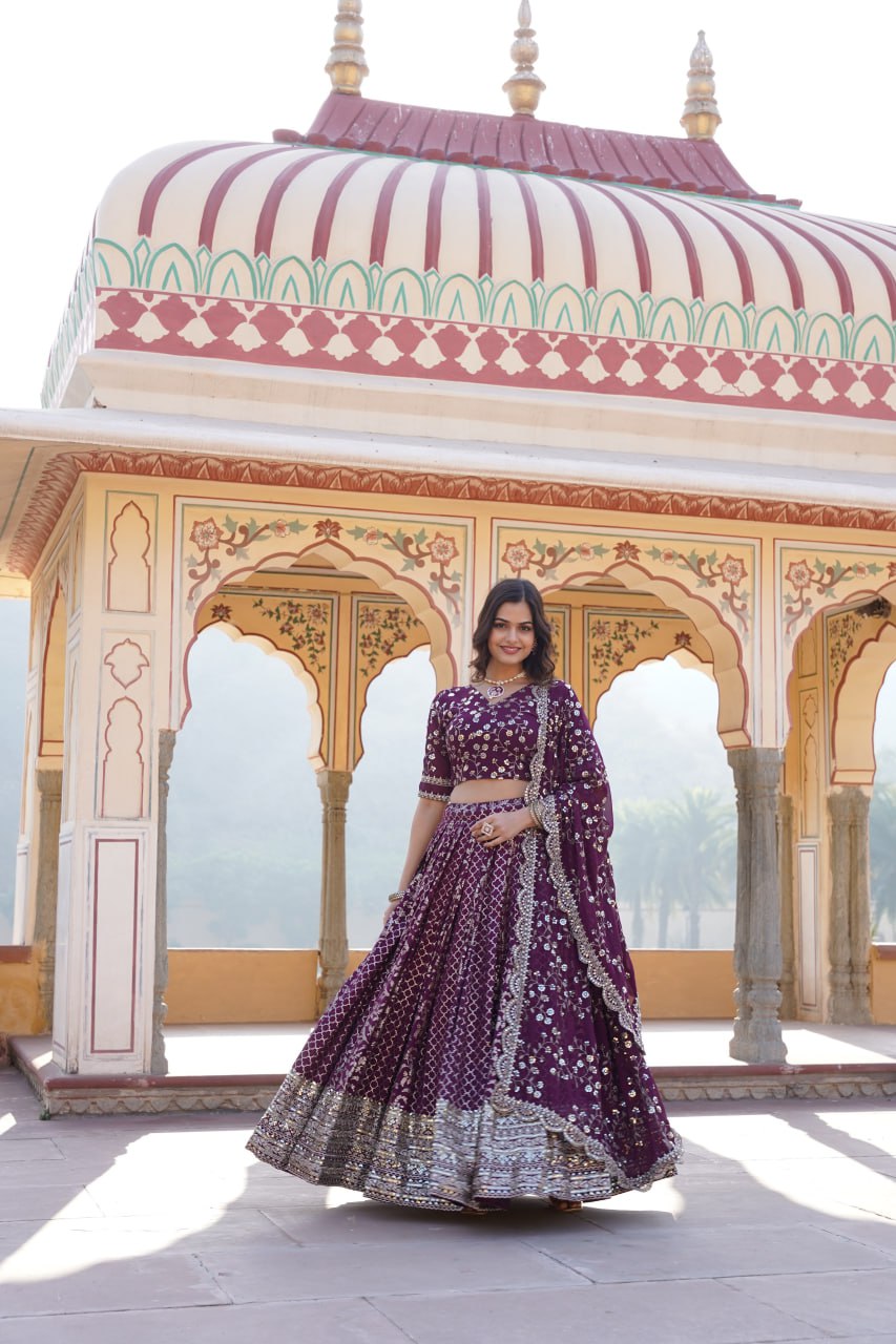 Wine Designer Viscose Jacquard Lehenga Choli & Dupatta Set with Sequins