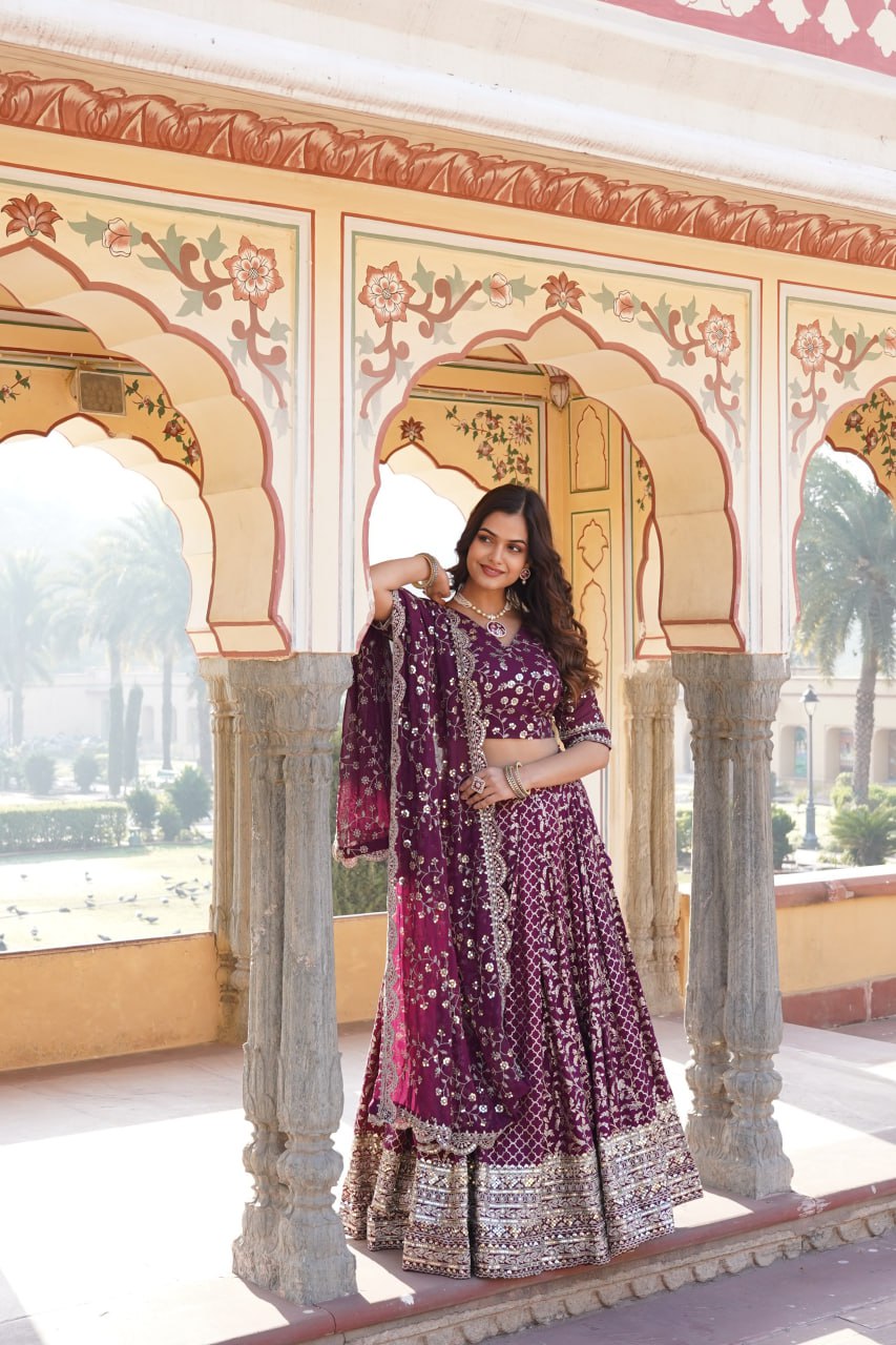 Wine Designer Viscose Jacquard Lehenga Choli & Dupatta Set with Sequins