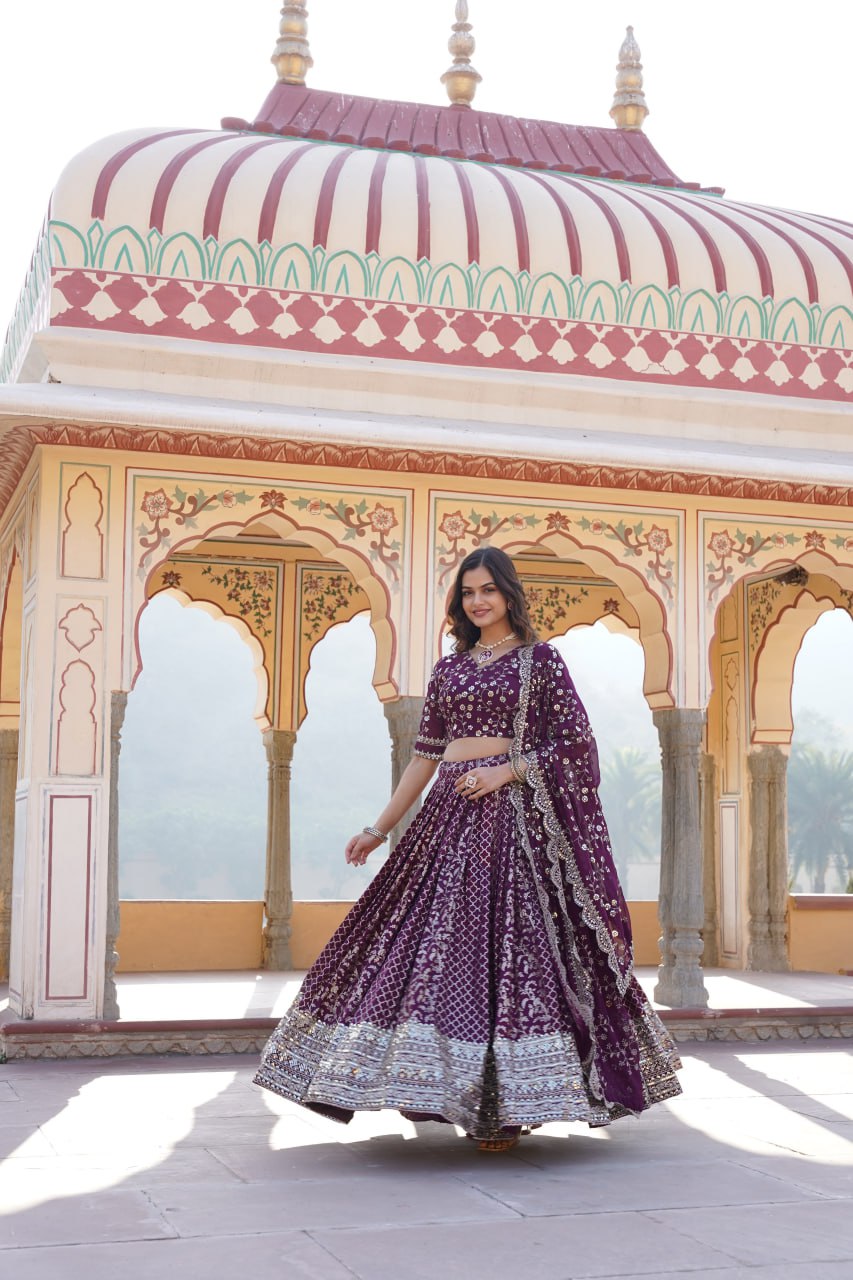 Wine Designer Viscose Jacquard Lehenga Choli & Dupatta Set with Sequins