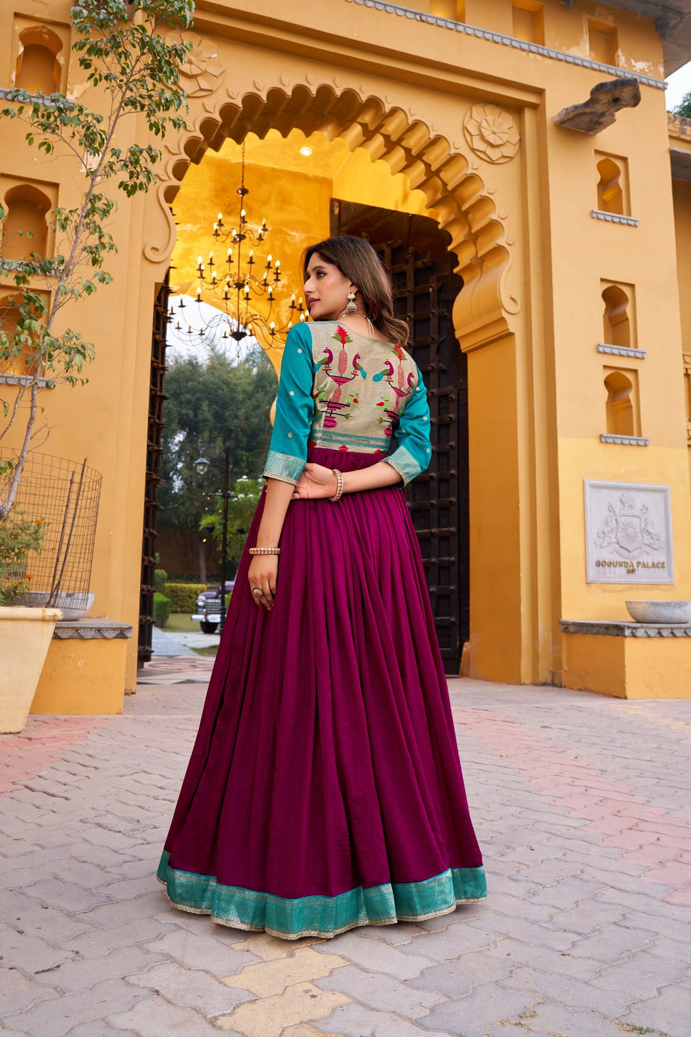 Wine Designer Zari Work Full Gown