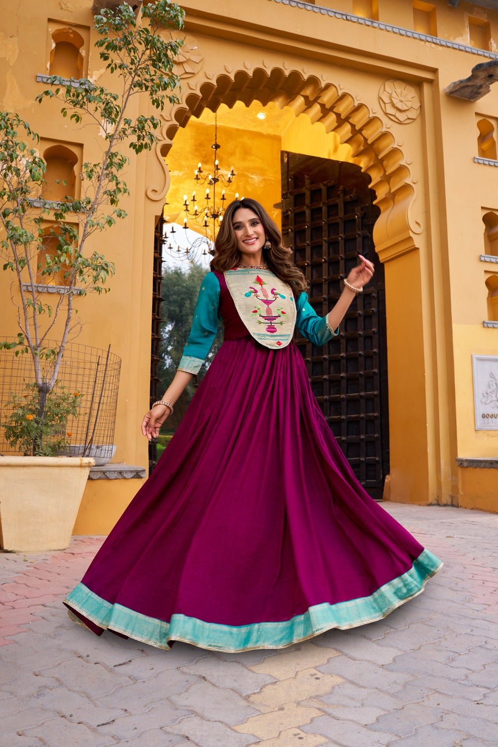 Wine Designer Zari Work Full Gown