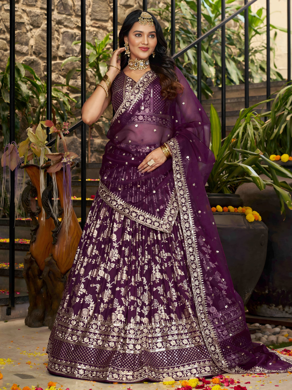 Wine Dola Silk Jacquard Embroidered Lehenga Choli