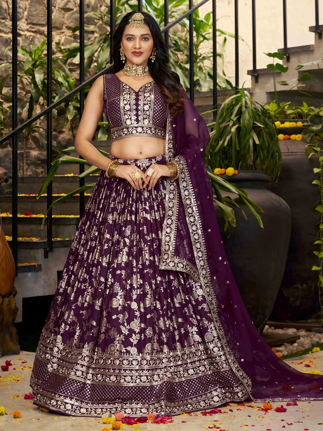 Wine Dola Silk Jacquard Embroidered Lehenga Choli