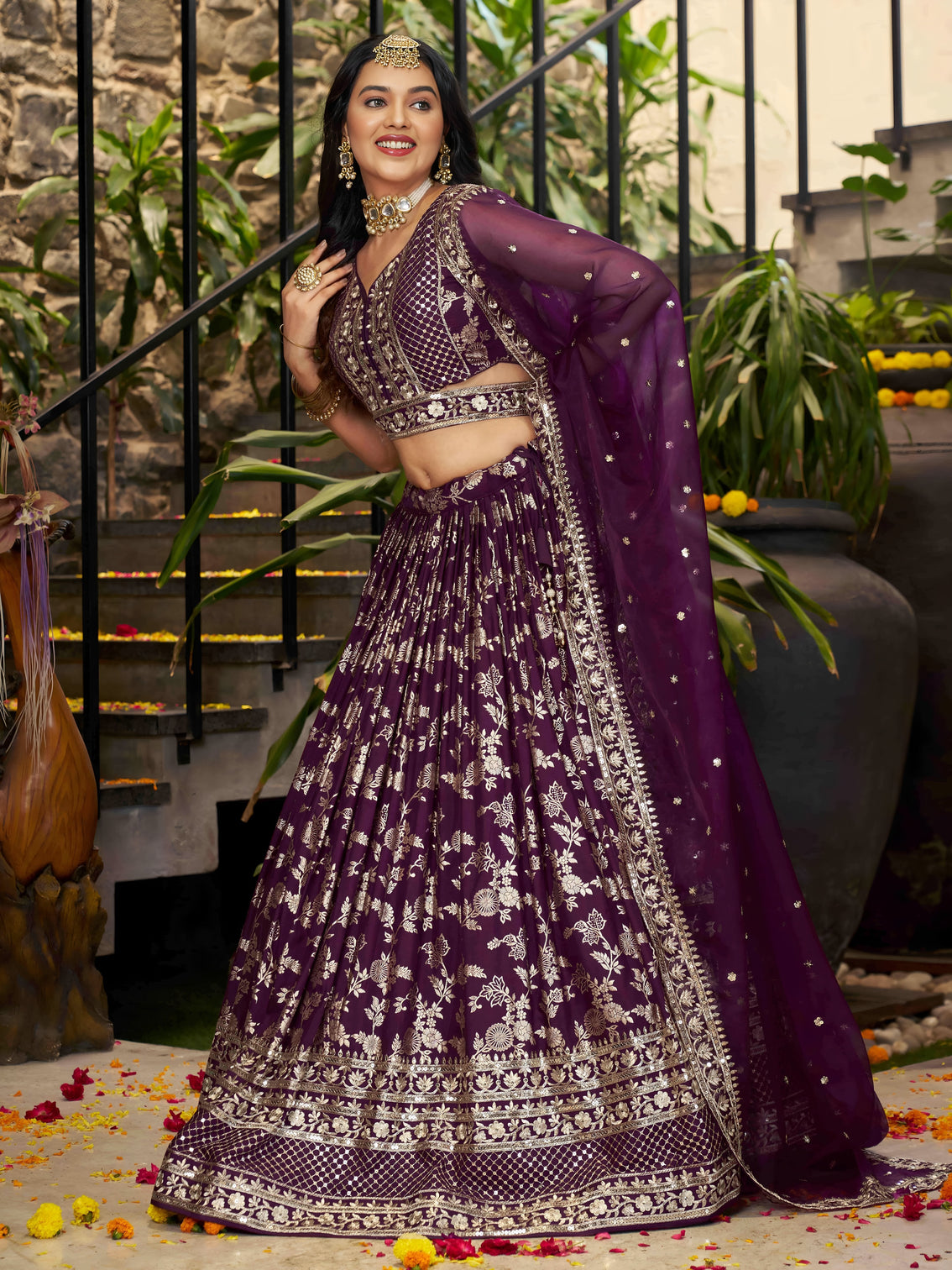 Wine Dola Silk Jacquard Embroidered Lehenga Choli