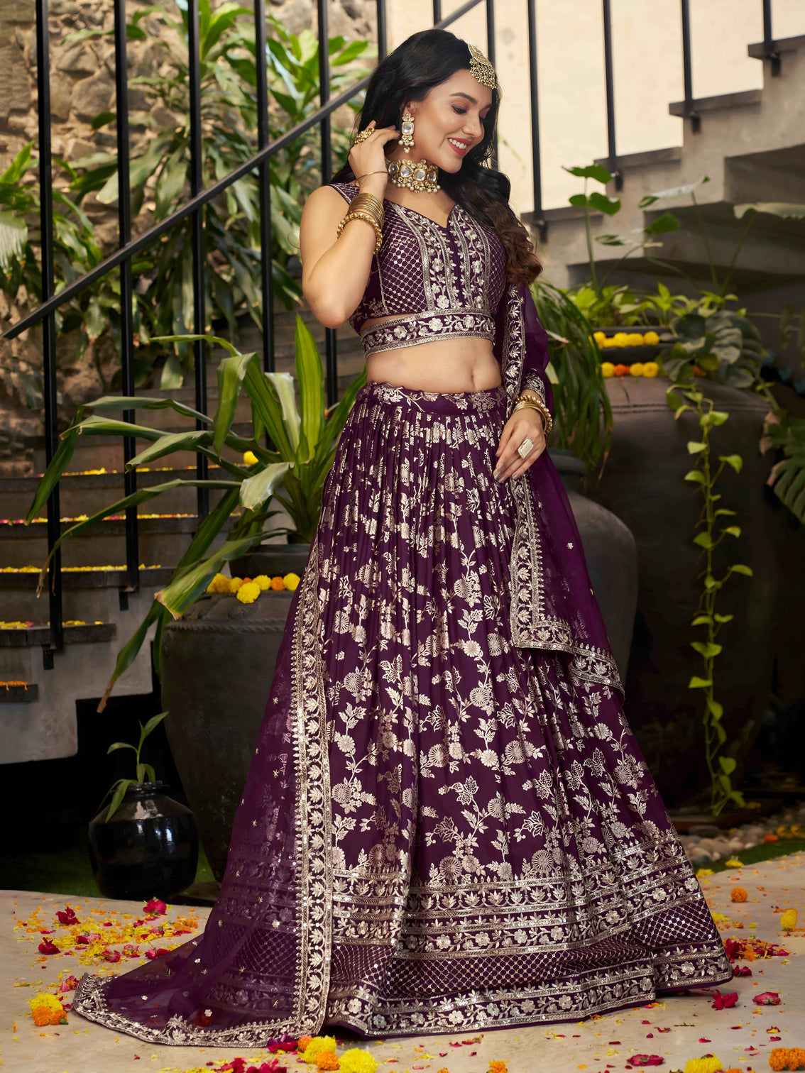 Wine Dola Silk Jacquard Embroidered Lehenga Choli