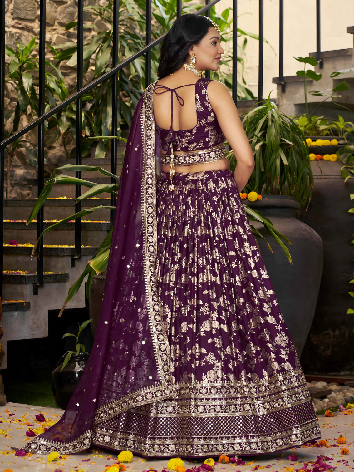 Wine Dola Silk Jacquard Embroidered Lehenga Choli