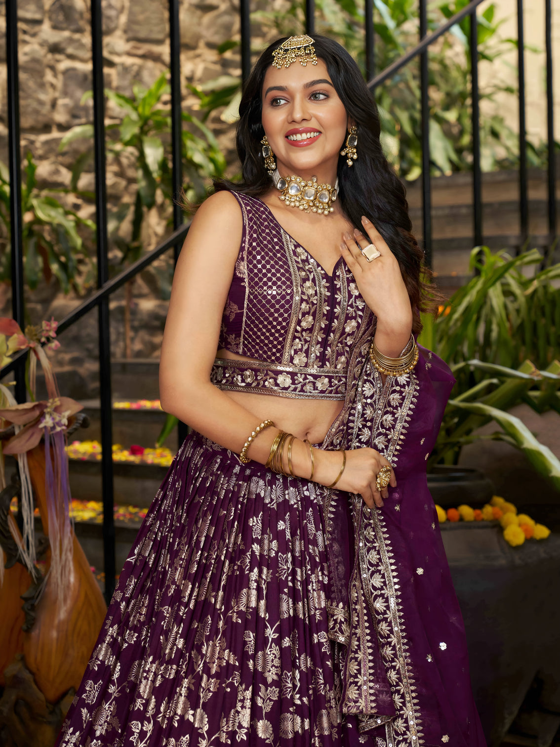 Wine Dola Silk Jacquard Embroidered Lehenga Choli