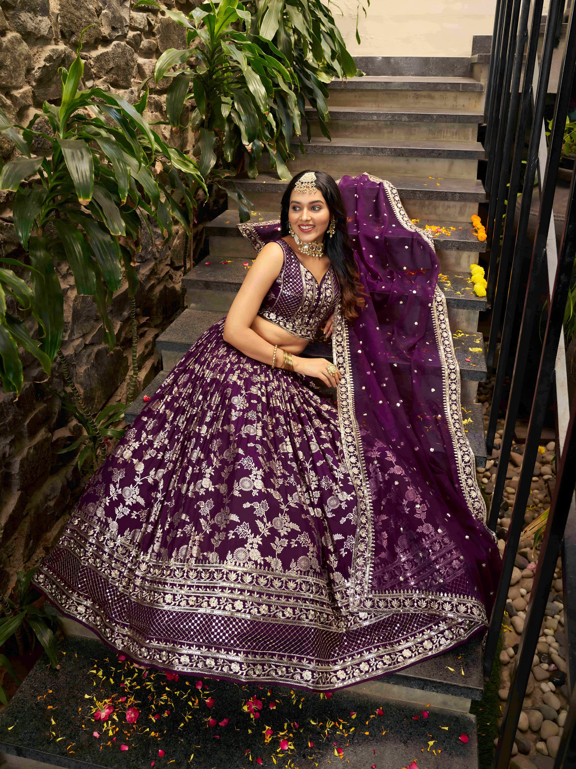 Wine Dola Silk Jacquard Embroidered Lehenga Choli