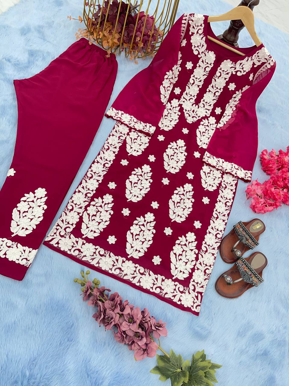 Wine Elegant Chikankari Designer Kurta & Bottom Set – Perfect Ethnic Look