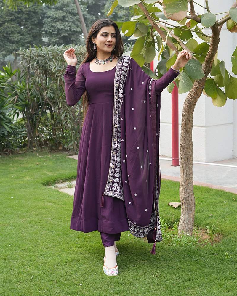 Wine Elegant Embroidered Anarkali Suit